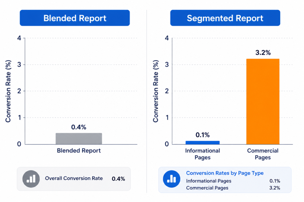 one blended average hides two very different performances. segmenting by intent reveals informational pages converting at 0.1 percent versus commercial pages at 3.2 percent
