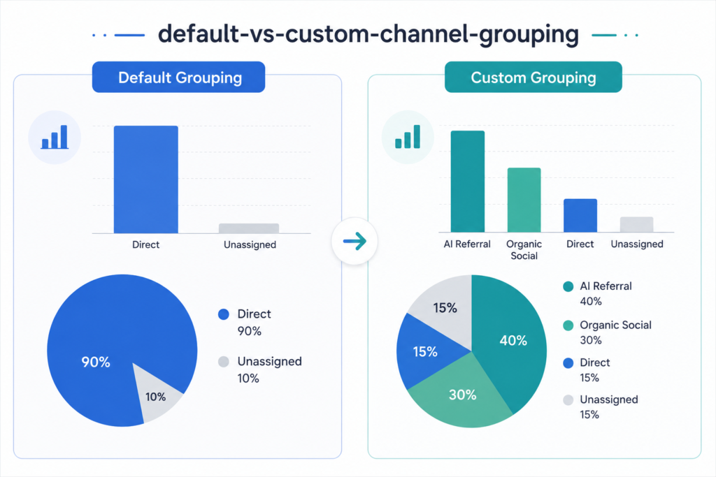 comparison of default ga4 channel grouping versus custom channel grouping rules for aI referral traffic