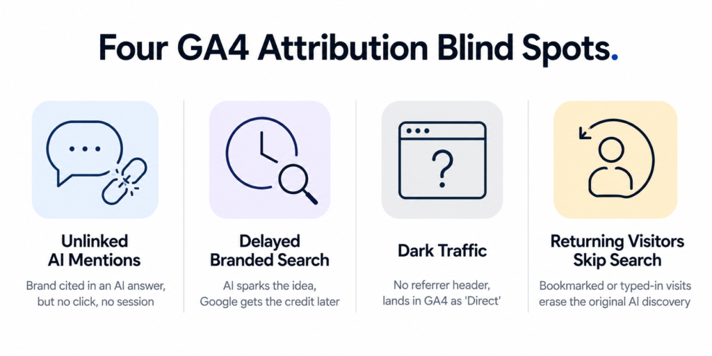 four-panel infographic listing ga4 attribution blind spots: unlinked ai mentions, delayed branded search, dark traffic, and returning visitors who skip search