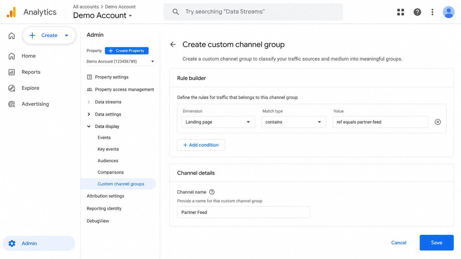 GA4 custom channel rule matching landing page parameter to recapture ga4 direct traffic