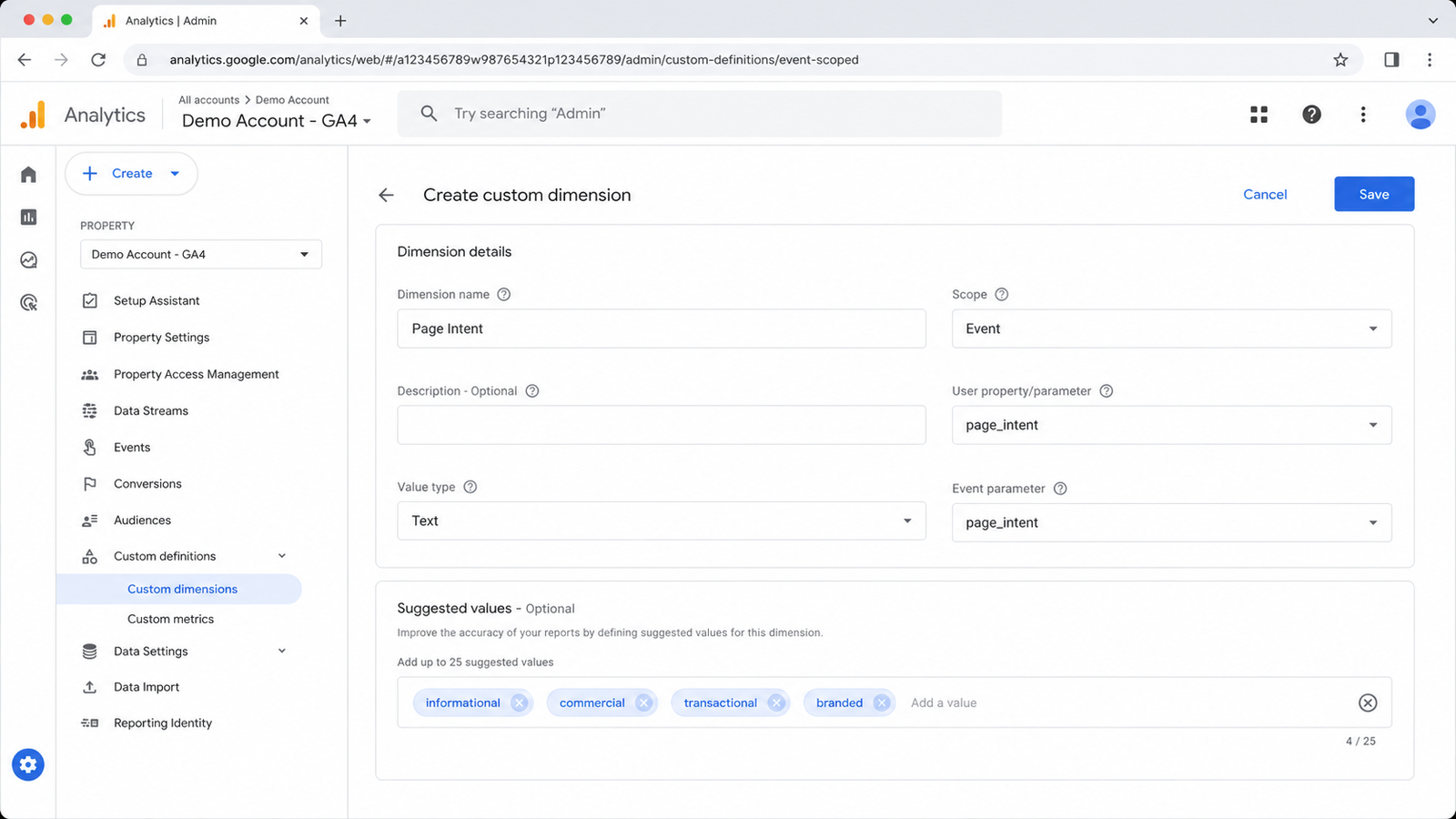 setting up page intent as a custom dimension inside the ga4 admin panel, scoped to event level with the four intent categories