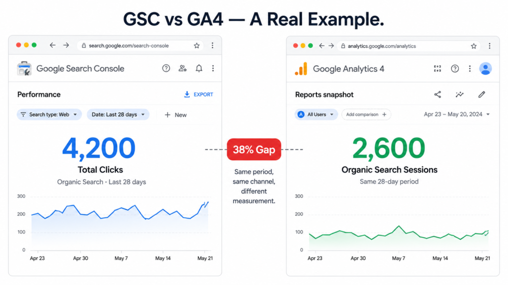 side-by-side dashboard example showing google search console reporting 4,200 clicks versus ga4 reporting 2,600 organic sessions for the same 28-day period, a 38 percent gap