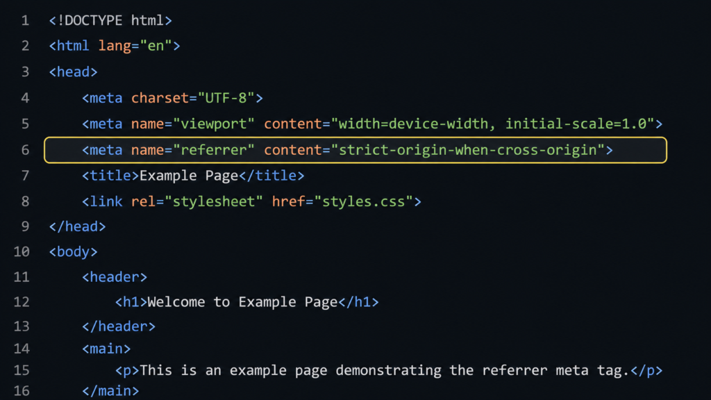 meta referrer policy tag set to strict-origin-when-cross-origin in page head