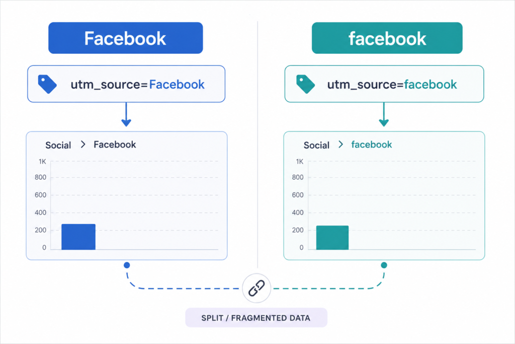 split UTM tagging example showing utm_source=Facebook and utm_source=facebook counted as two separate traffic sources in GA4