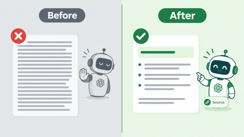Before and after comparison showing dense versus structured AI-friendly blog content, with an AI robot, check mark, and source citation badge