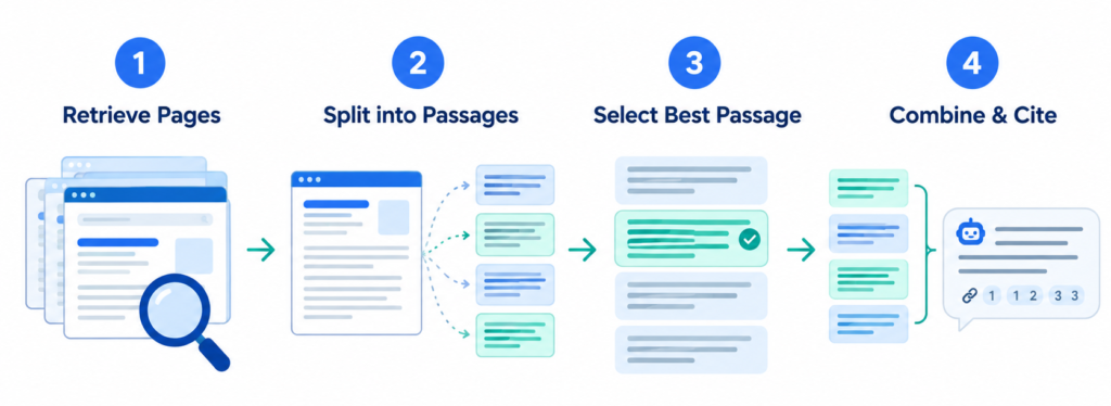 how AI answer engines retrieve pages, split passages, select the best passage, combine information, and cite sources.